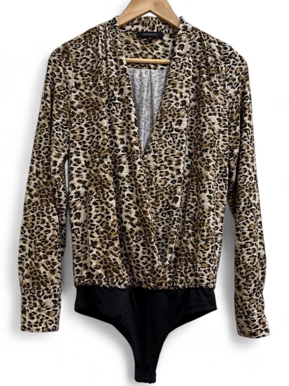 Olivaceous Leopard Print Long Sleeve with Dropped Surplus Wrap Front Bodysuit
